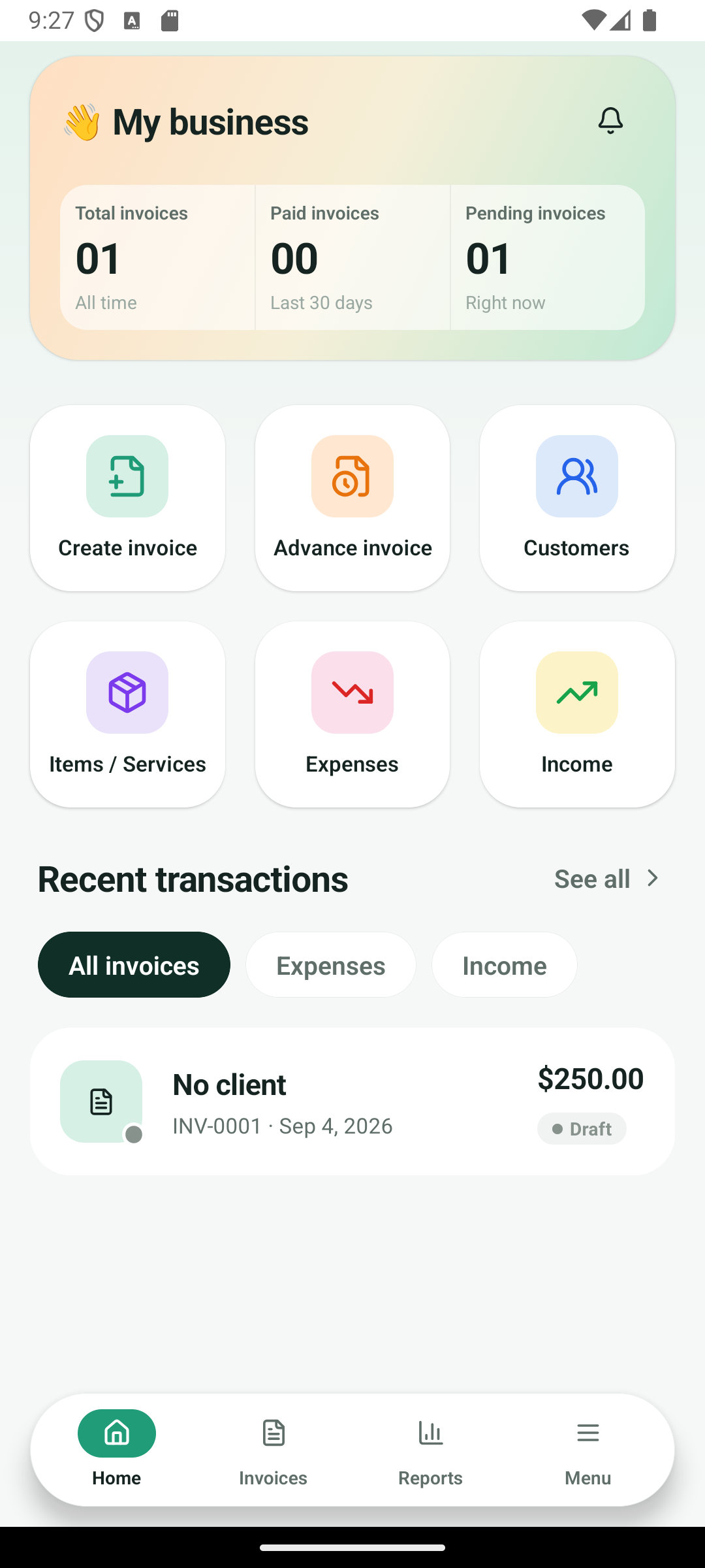 Dashboard van de mobiele Invoice Maker-app