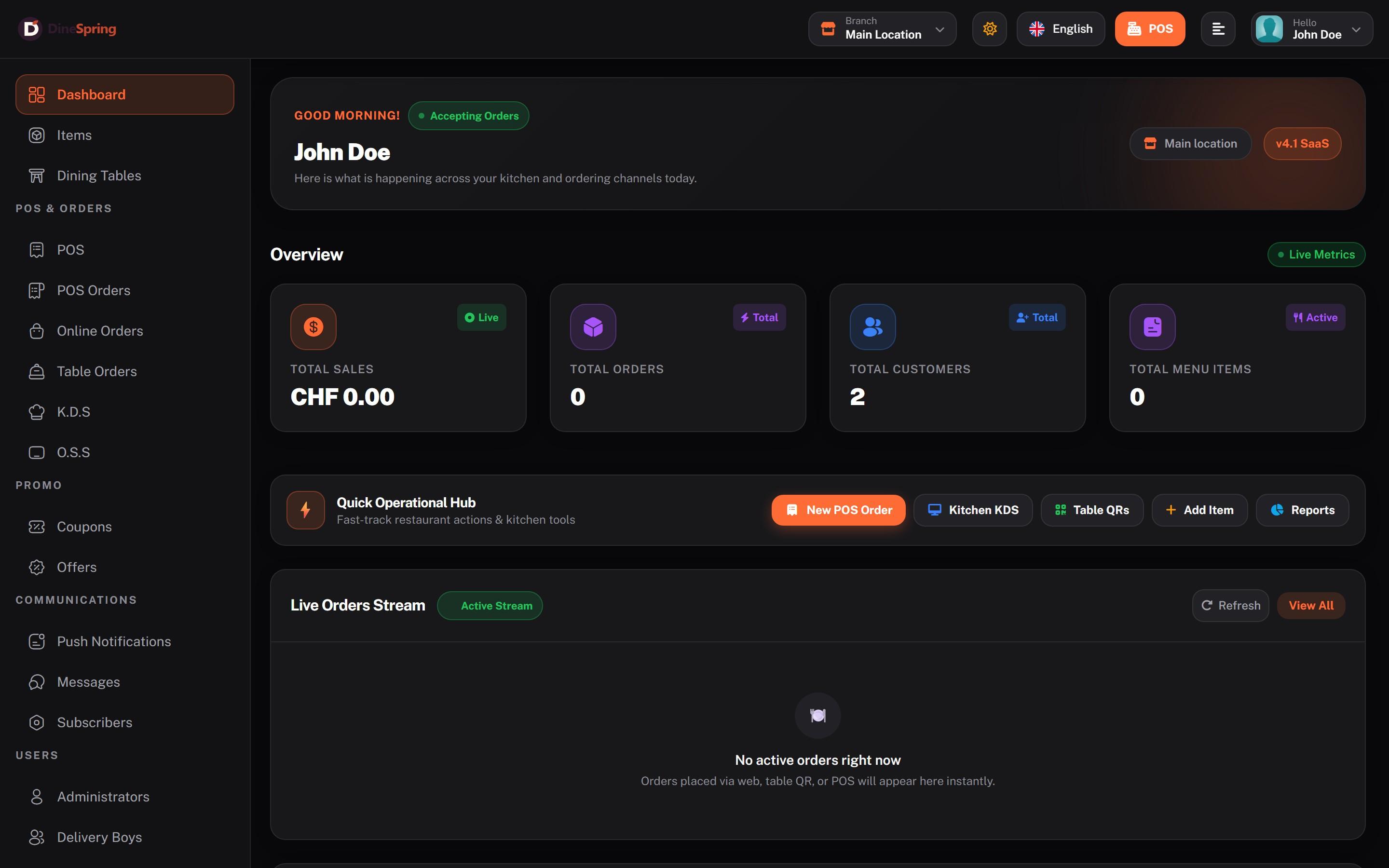 DineSpring live restaurant admin dashboard showing real-time revenue, branch orders and operations
